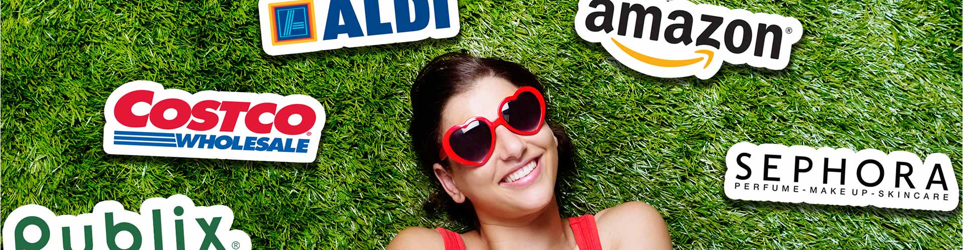 Blog banner featuring woman laying on the grass and smiling with several retailer logos around her