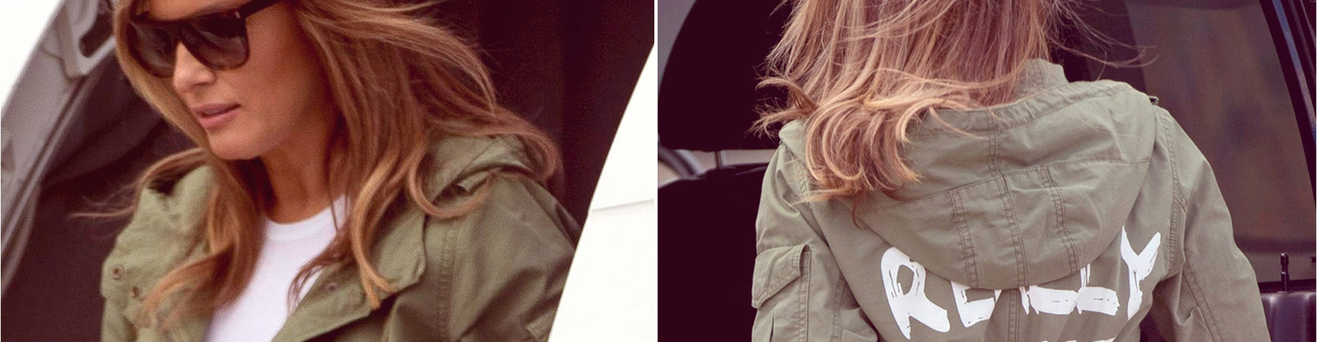 Blog banner featuring two paparazzi photos of Melania Trump in green jacket with painted text on the back