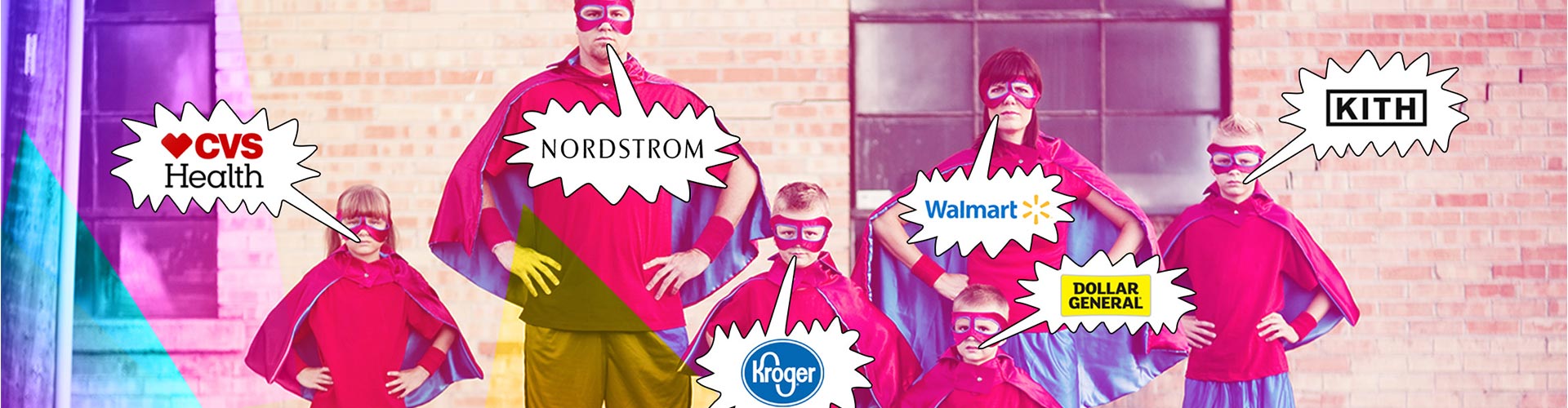 Blog banner featuring family dressed as superheroes with speech bubbles with retailer logos surrounding them