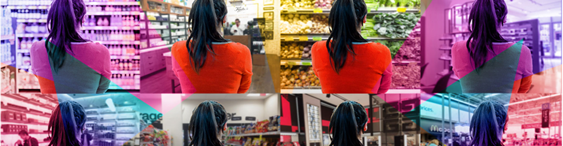 Blog banner featuring tiled image of woman looking at shelves with colorful overlay