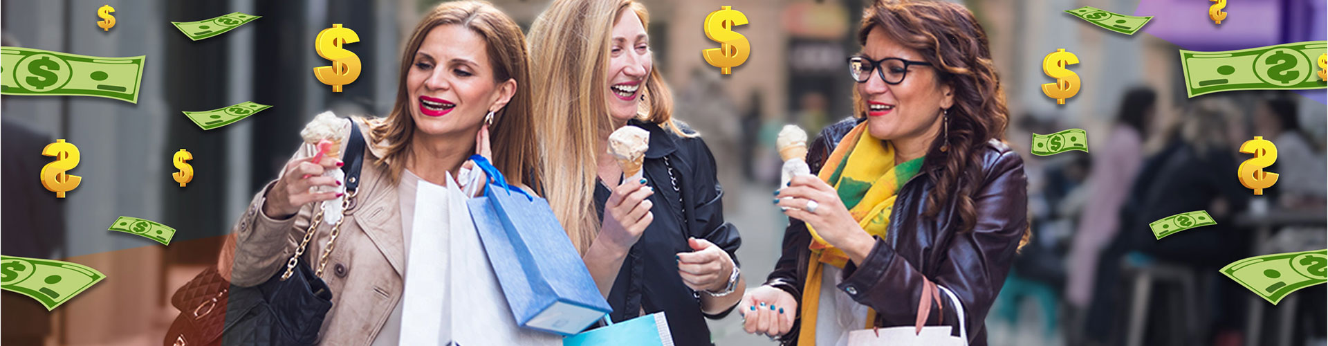 Blog banner featuring three middle aged women walking with shopping bags and ice cream cones