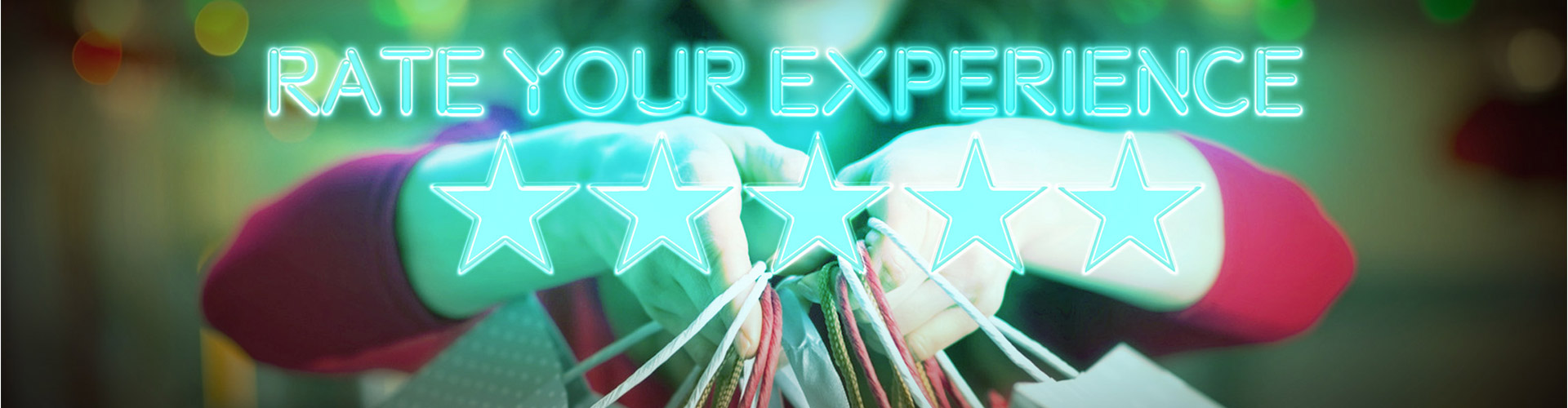 Blog banner featuring glowing rate your experience text and five stars with woman holding shopping bags in the background