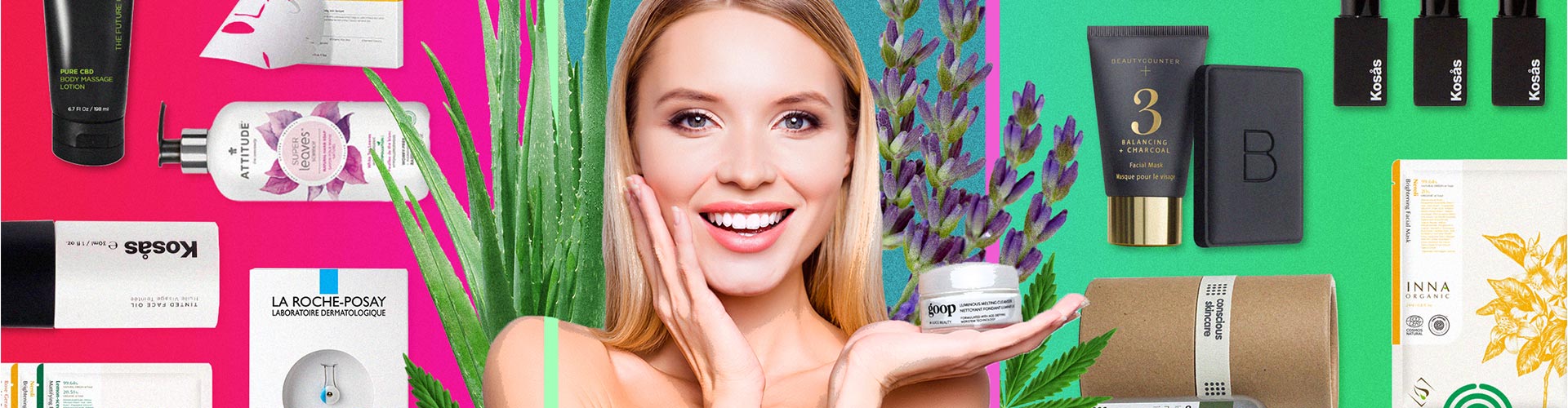 Blog banner featuring woman smiling with jarred beauty product in her hand and several other products around her in the background