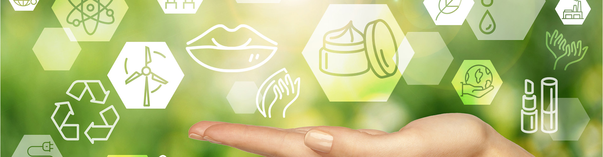 Beauty & Wellness With Purpose blog banner featuring hand with floating beauty product icon above it and sustainability icons in background