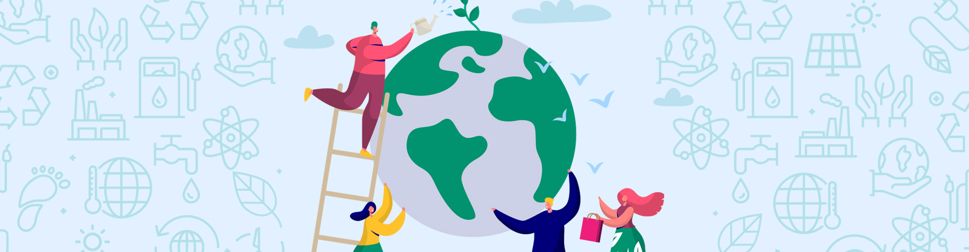 A New Set of Values is Changing Shopping Life blog banner featuring vector illustration of a group of people watering and planting on a globe