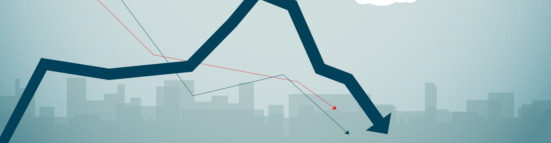 4 Ways to Get Ahead of the Real Financial Crisis blog banner featuring vector illustration of city skyline, a downwards chart arrow and man floating down with a red umbrella