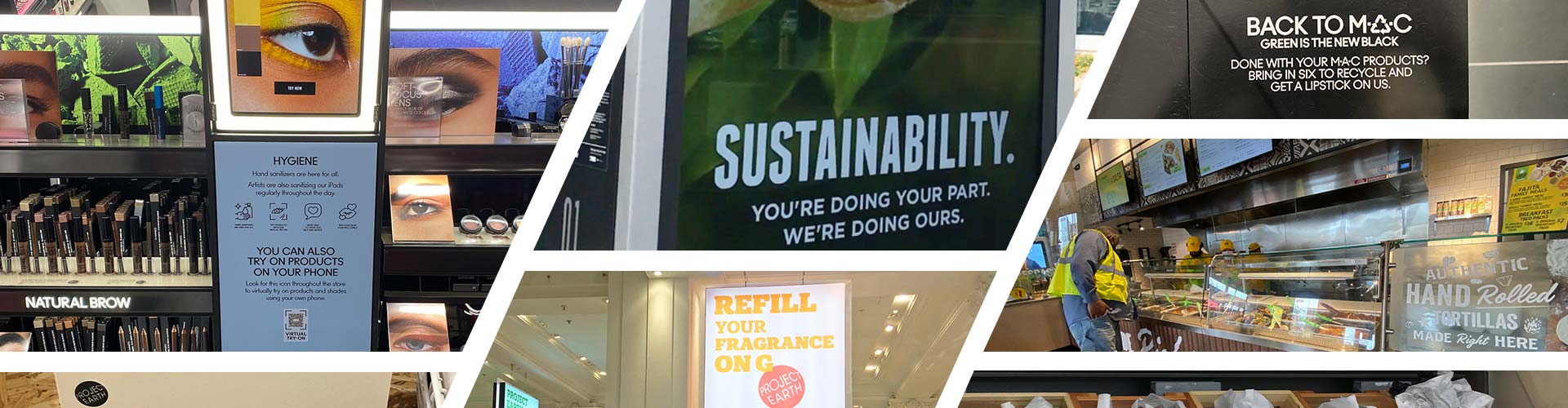 Dynamic collage of sustainability signs and interactions at beauty retailers