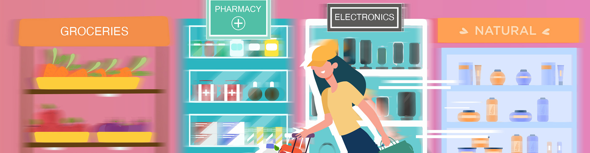 Vector illustration of female shopper quickly running through multi-category aisles