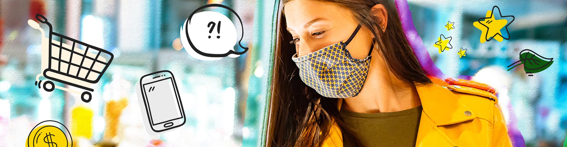 Gen Z woman wearing mask with shopping icons floating around her - banner