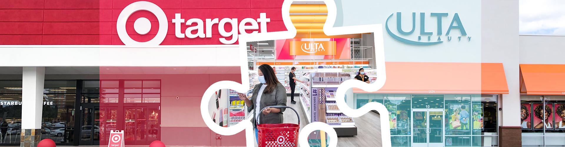 Split collage of Target and Ulta stores with center image of Ulta products at Target - banner