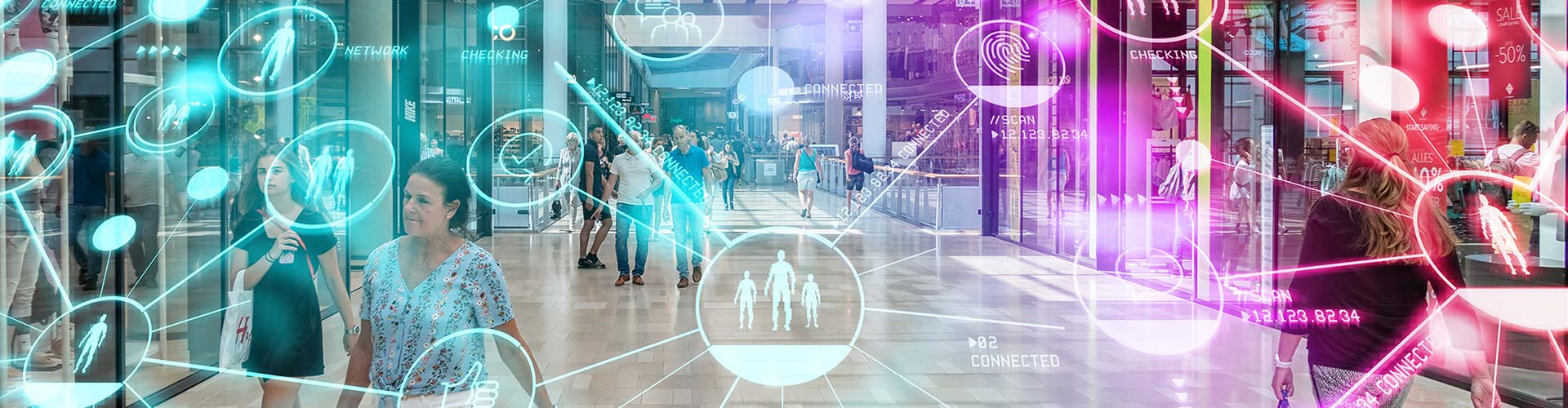Digital connections overlaid on shoppers at the mall banner