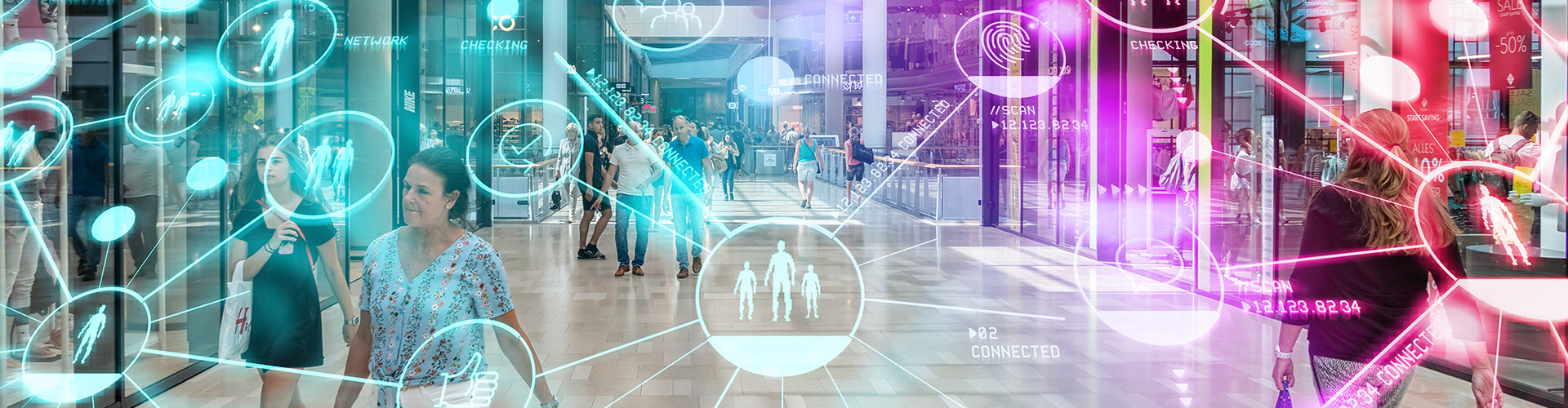 The Role of the Store in Retail 5.0 Banner featuring shoppers at the mall with digital connection icons overlaid