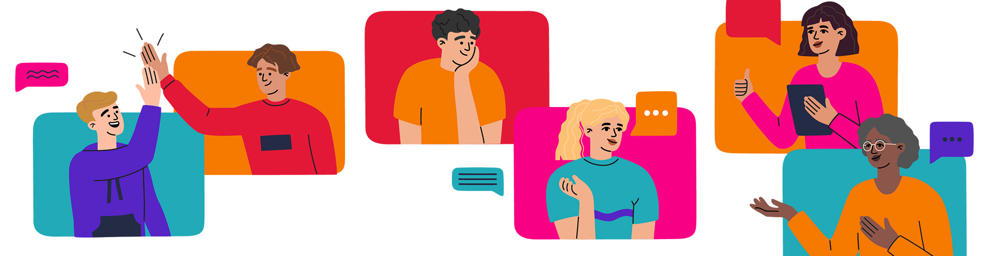 Shoppers Reveal Many Paths to Purchase Report Banner featuring vector illustrations of diverse people conversing in rounded boxes