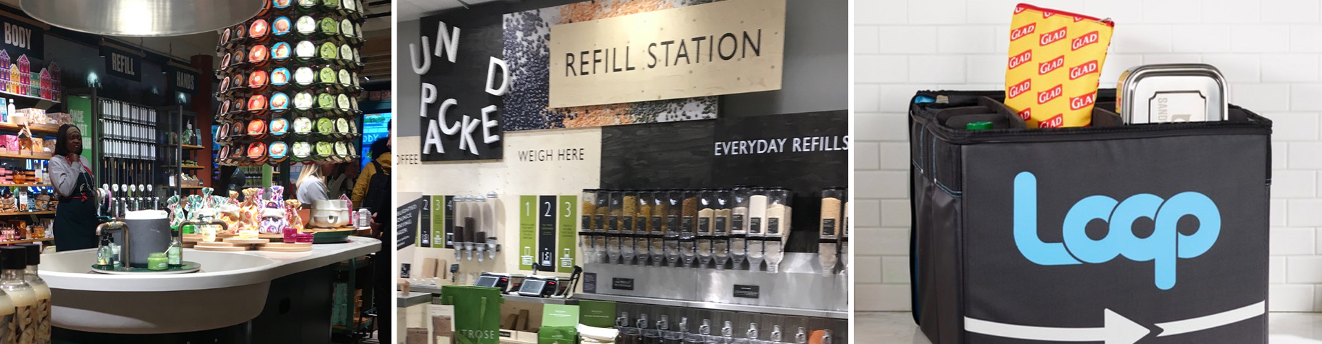 Fill’er Up: Goodbye Packaging, Hello Refills Report Banner featuring collage of 3 refill services in retail