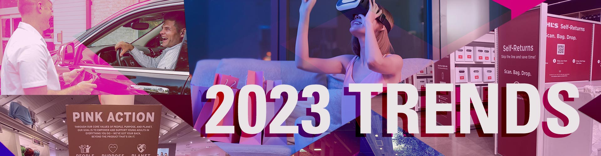 2023 Trends blog banner featuring collage of shoppers and new trends such as metaverse, drive thru shopping, and innovative self-checkouts