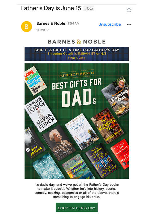 WSL Top Innovator featuring Barnes & Noble Father's Day promo email