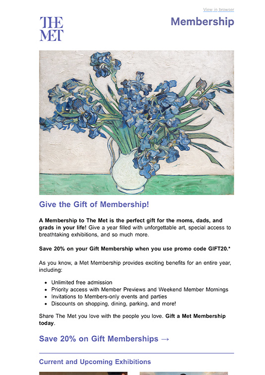 WSL Top Innovator featuring The MET email promoting 20% discount for gift memberships