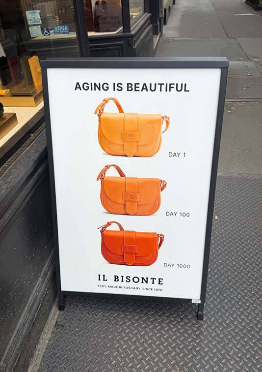 WSL Top Innovator featuring Il Bistonte's "aging is beautiful" sign showcasing their leather bags over time
