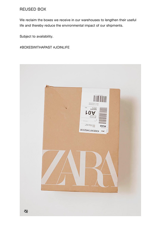 WSL Top Innovator Zara promoting used box option for delivery