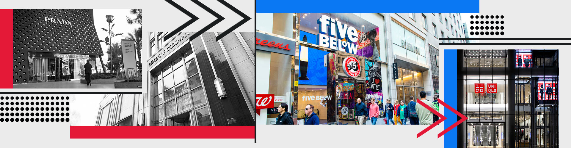 Democratized Retail banner featuring collage of high end Prada and Bergdorf Goodman stores and low end Five Below and Uniqlo stores