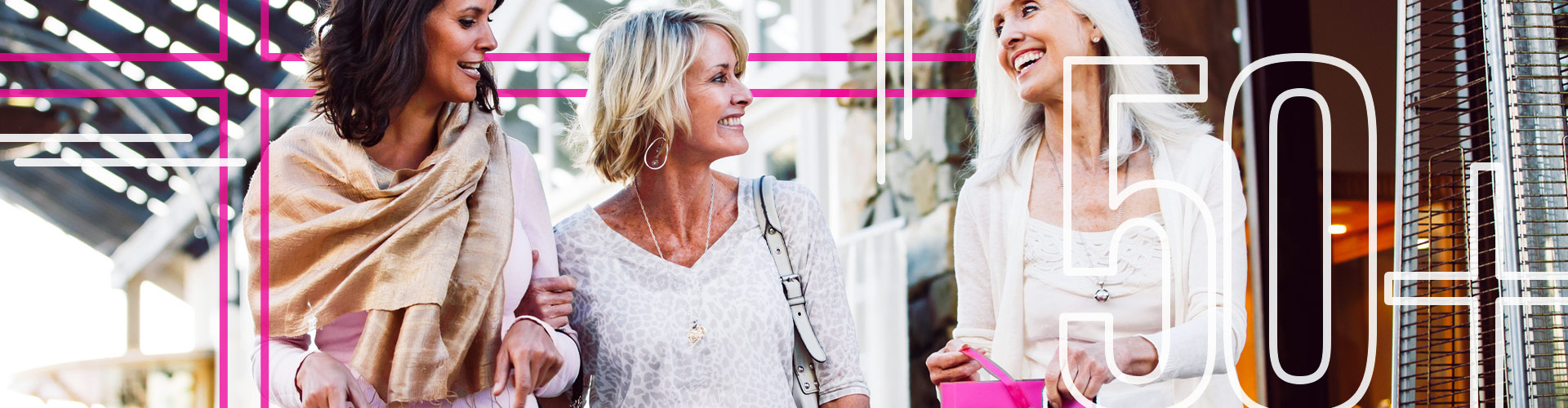 Beauty Over 50 Blog banner featuring three older women smiling with shopping bags