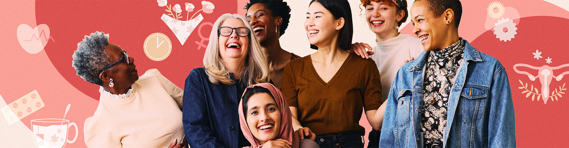 Women's Health Retail Safari Banner featuring diverse group of smiling women with feminine wellness icons over a pink background