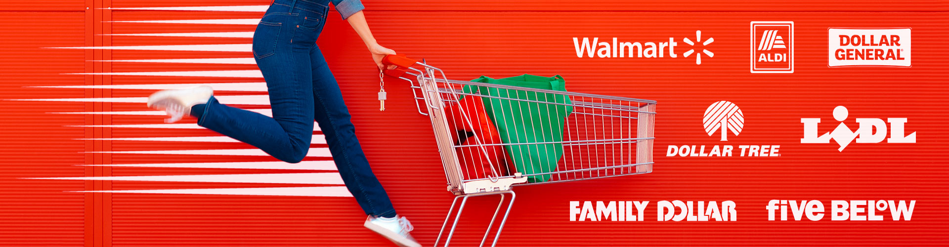 Blog banner featuring woman pushing a cart with motion lines behind her and several value retailer logos