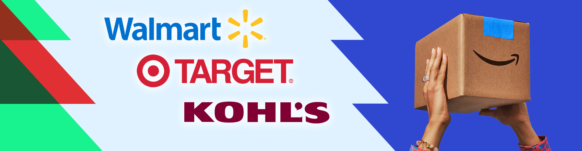 Blog banner featuring Amazon Prime box next to Walmart, Target, and Kohl's logos