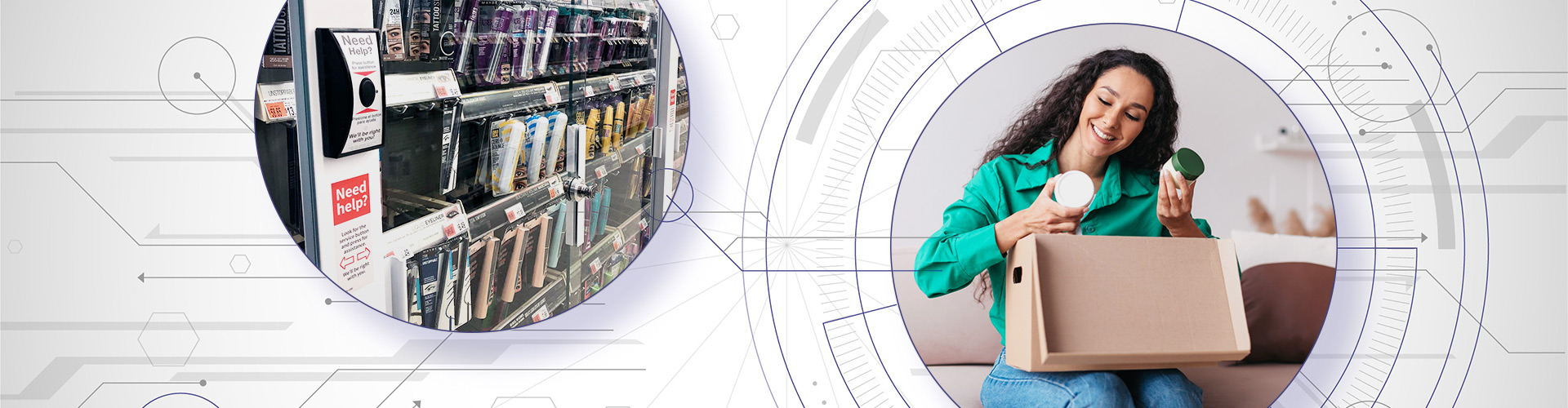 Blog banner featuring lines connecting a circular image of locked up products in store to a circular image of a woman opening up a package that was delivered