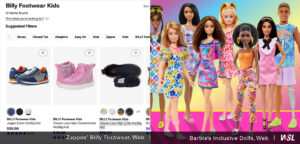 Collage of Zappo's accessible zip-up Billy Footwear for kids and image of Barbie's inclusive dolls