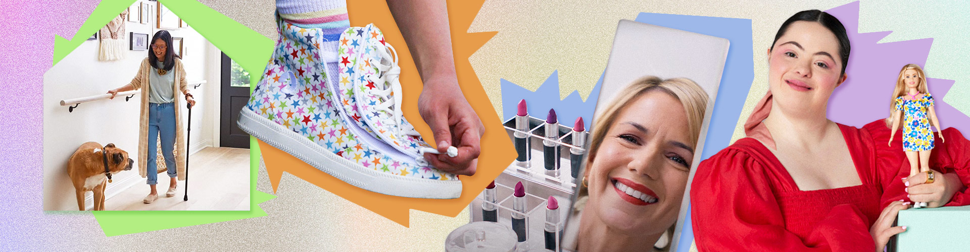 Walking the Talk of New Inclusion blog banner featuring colorful collage of Lowe's Livable Home, zip-up shoes, The Joy Project, and down-syndrome Barbie