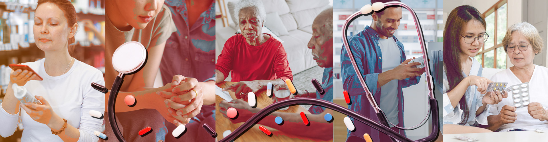 Blog banner featuring stethoscope with various pills around it in the foreground and collage of people in the background