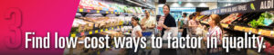 "Find low-cost ways to factor in quality" header banner, with people shopping at Aldi grocery section as background image