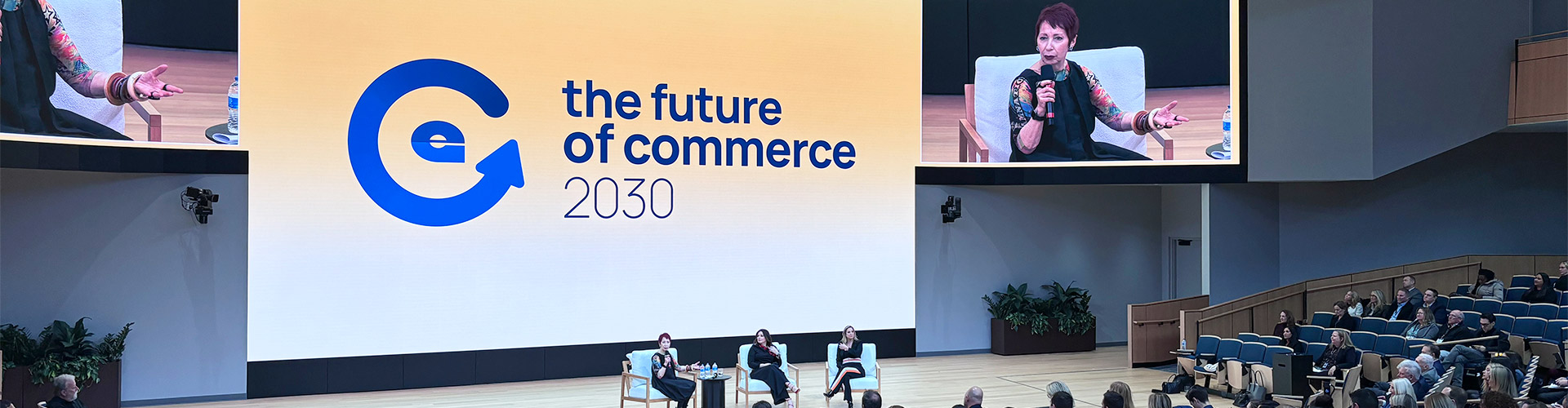 Blog banner featuring Wendy Liebmann moderating panel at Emerson Future of Commerce 2030 event in Bentonville, AR