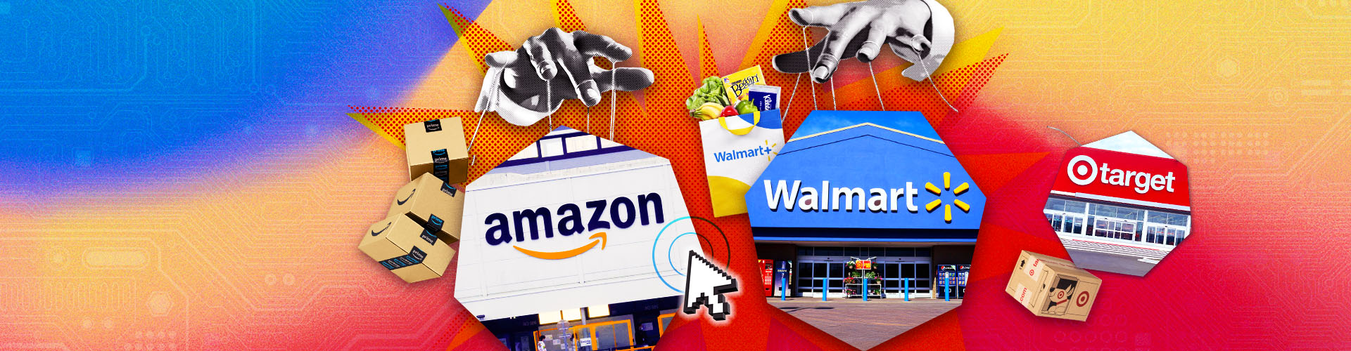 How America Shops® report banner featuring puppet master hands with strings attached to Amazon, Walmart, and Target imagery