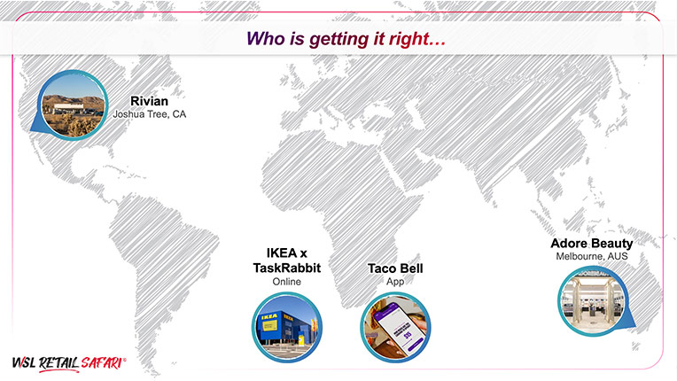 March Retail Safari® newsletter sample slide featuring Rivian, IKEA, Taco Bell, and Adore Beauty on a world map