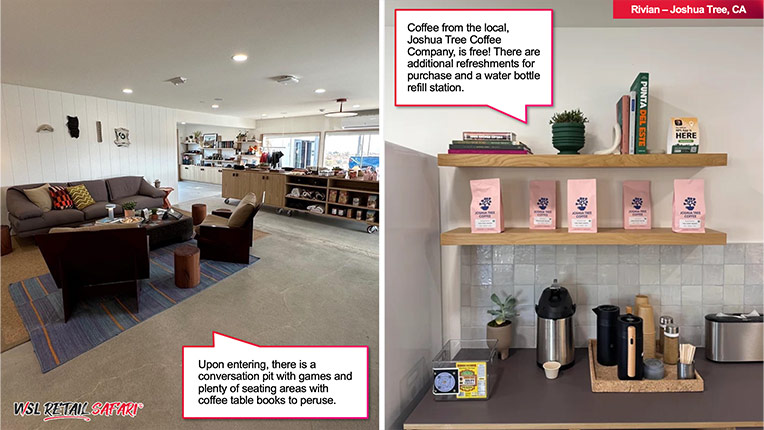 March Retail Safari® newsletter sample slide featuring Rivian's indoor waiting area and coffee products