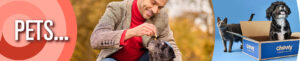 Banner with word "Pets," and man giving dog a treat and Chewy box with dog and cat imagery in the background