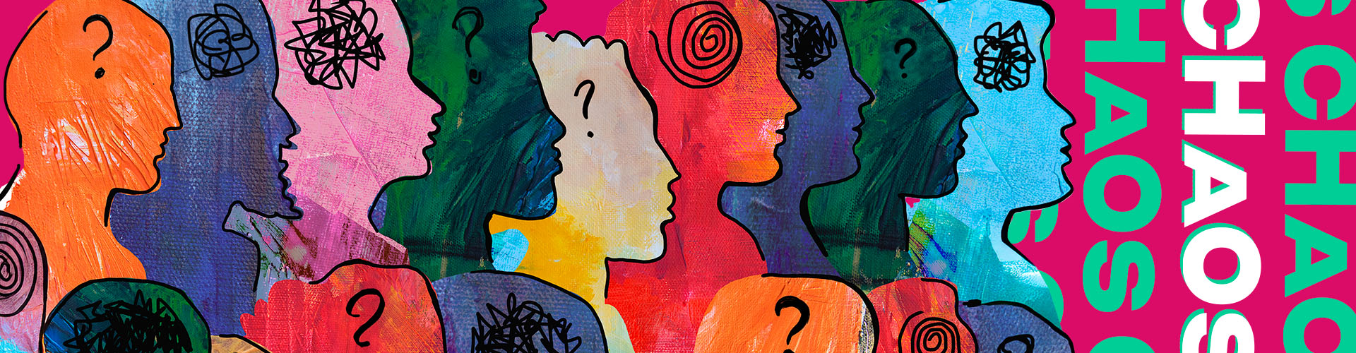 Blog banner featuring hand-drawn side profiles of people with question marks or scribbles in their heads and a magenta background with the word "chaos" repeated