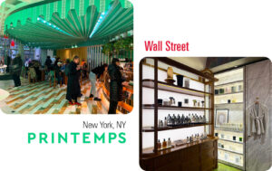 Two images of the dining area and apothecary areas of Printemps in New York City