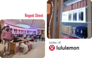 Two images of the Lululemon flagship pants wall and bottle customization area in London, UK