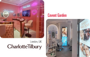 Two images of the Pillow Talk beauty bear and Skin Spa areas at Charlotte Tilbury flagship in London, UK