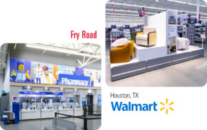 Two images of the furniture display and pharmacy area of Walmart Store of the Future flagship in Houston, TX