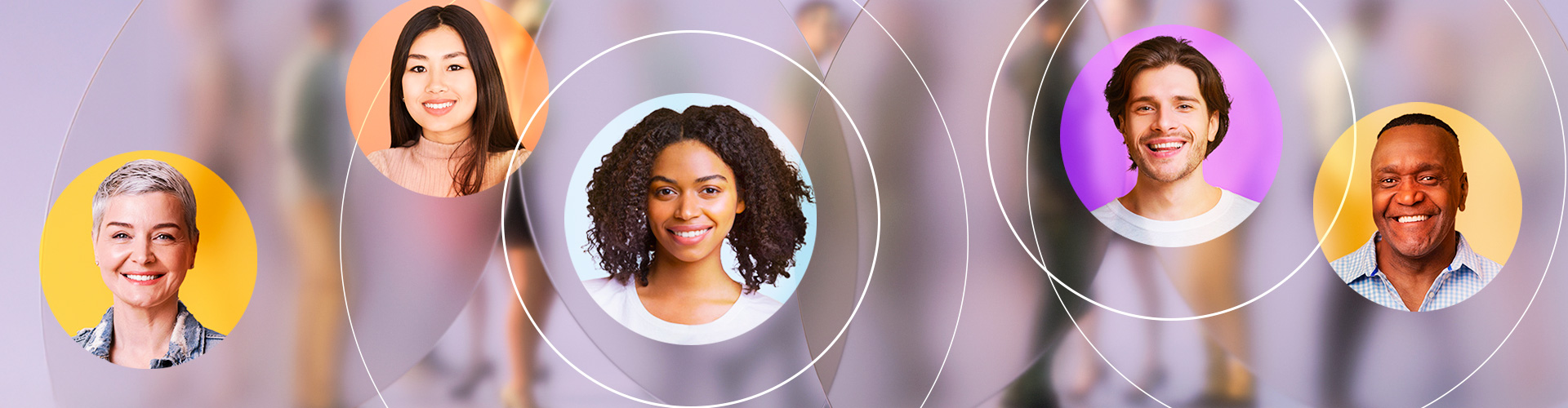 Blog banner featuring people of different ages and ethnicities within circular frames with blurry people walking in the background