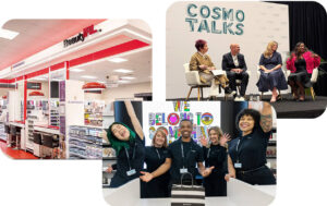 Beauty opportunity theme 7, featuring: CVS Beauty IRL display, Sephora employees smiling, and CosmoTalks WSL panel on stage