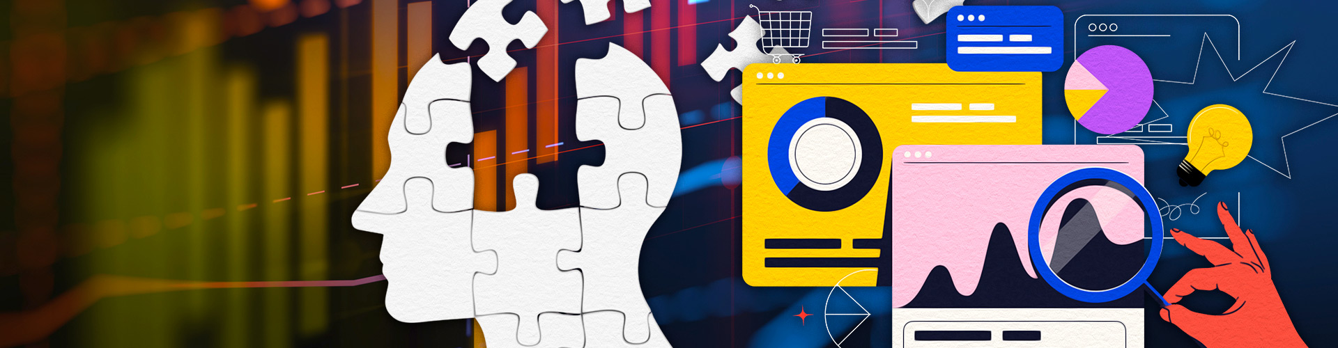 Blog banner featuring human silhouette made of puzzle pieces next to collage of data windows and a hand with a magnifying glass
